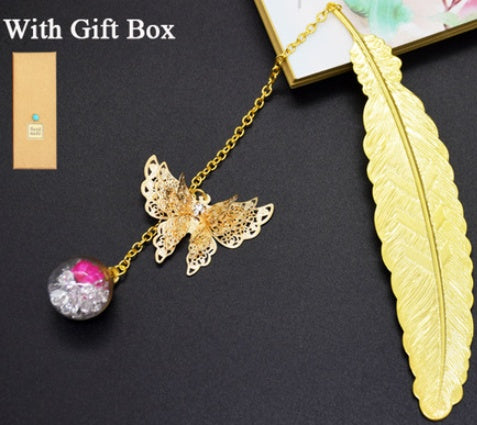 Feather Butterfly Bookmark - Brass Metal Page Marker with Chain