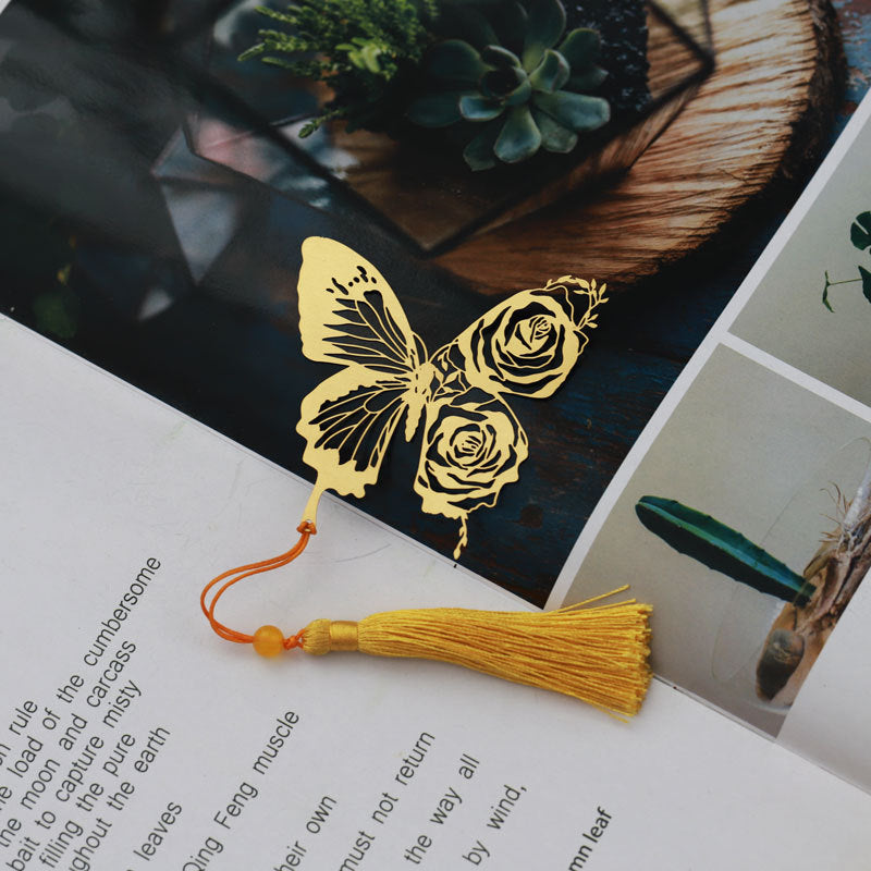 Chinese Rose Butterfly Metal Bookmark - Classical Cultural Gift Page Marker
