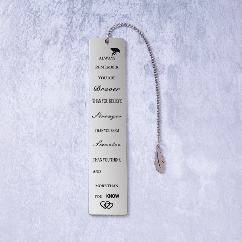 Inspirational Feather Bookmark - Stainless Steel with Motivational Quote