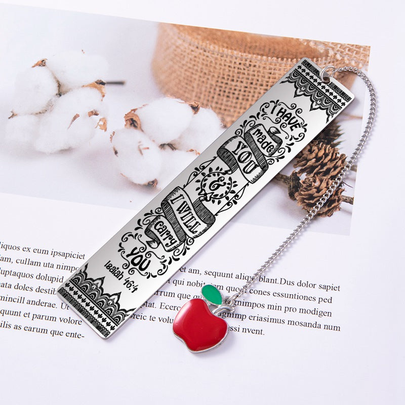 Bible Verse Bookmark - Stainless Steel with Red Apple Teacher Gift
