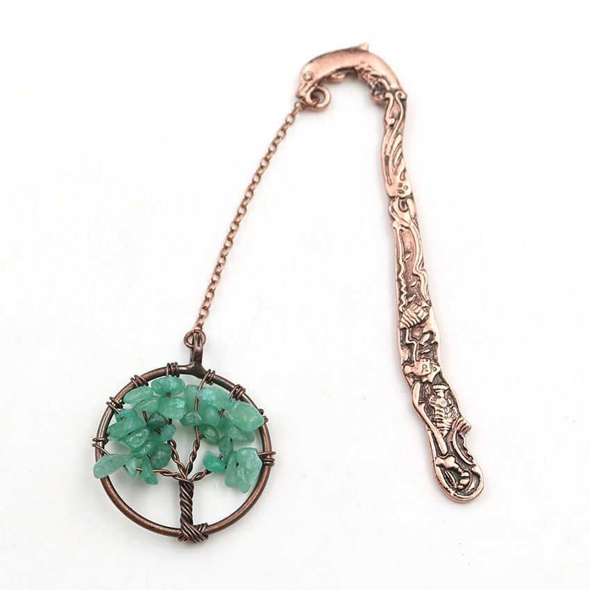 Crystal Dolphin Bookmark - Natural Gemstone Tree of Life Copper Page Marker