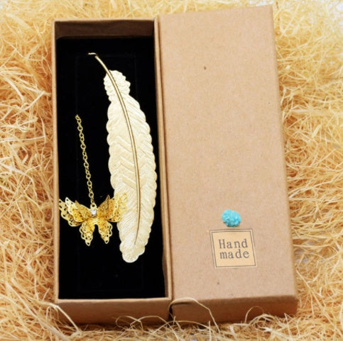 Feather Butterfly Bookmark - Brass Metal Page Marker with Chain