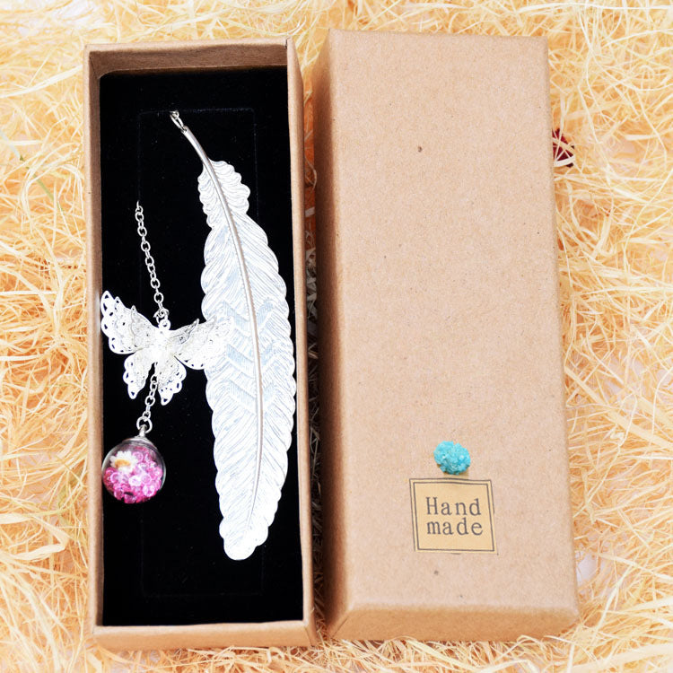 Feather Butterfly Bookmark - Brass Metal Page Marker with Chain