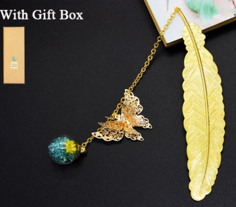 Feather Butterfly Bookmark - Brass Metal Page Marker with Chain