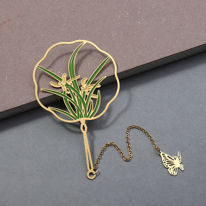 Chinese Fan Bookmark - Hollow Metal Page Marker with Butterfly Pendant