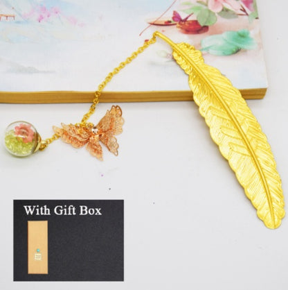 Feather Butterfly Bookmark - Brass Metal Page Marker with Chain