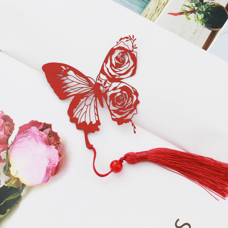 Chinese Rose Butterfly Metal Bookmark - Classical Cultural Gift Page Marker