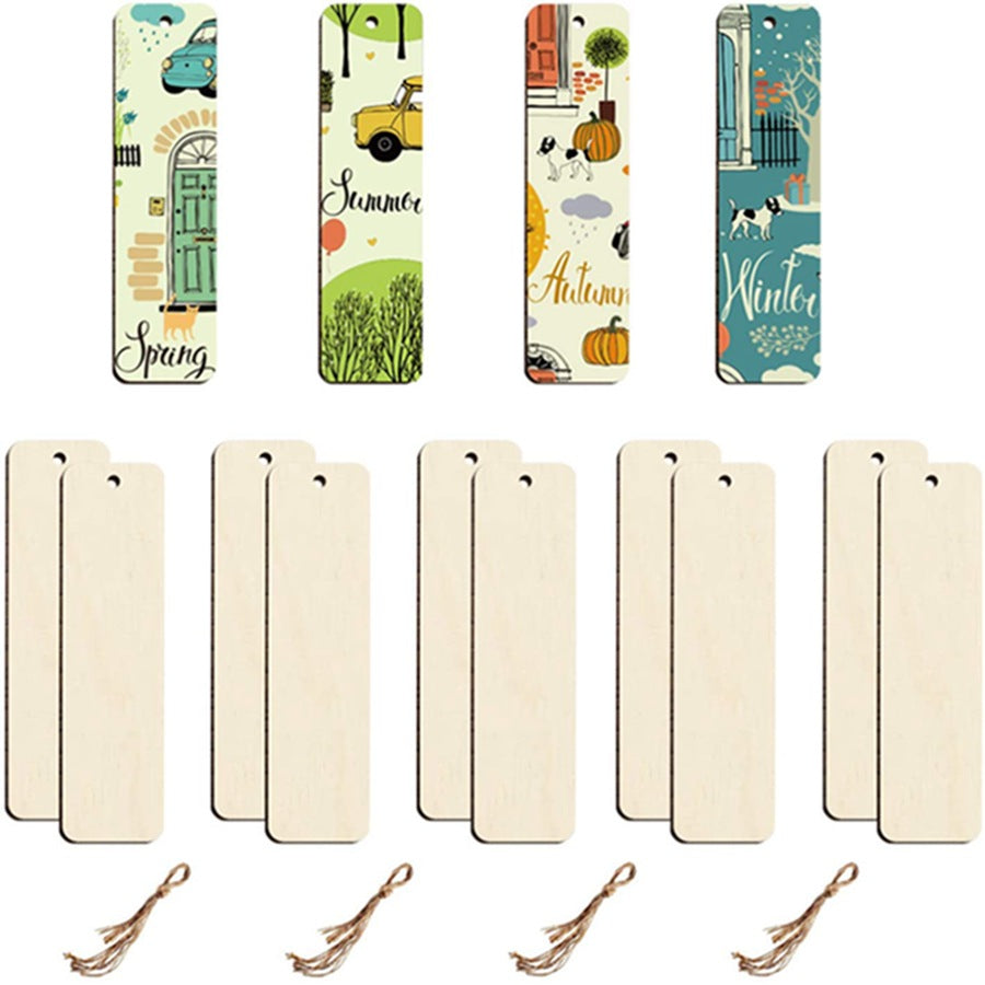 Unpolished Wooden Blank Bookmark Set - DIY Craft Rectangular Hanging Tag