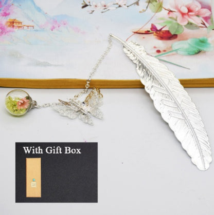Feather Butterfly Bookmark - Brass Metal Page Marker with Chain