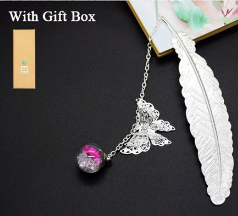 Feather Butterfly Bookmark - Brass Metal Page Marker with Chain