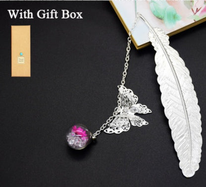 Feather Butterfly Bookmark - Brass Metal Page Marker with Chain