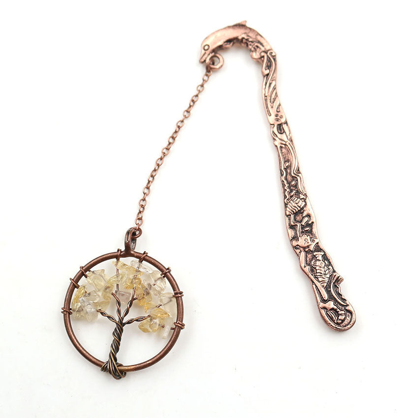 Crystal Dolphin Bookmark - Natural Gemstone Tree of Life Copper Page Marker