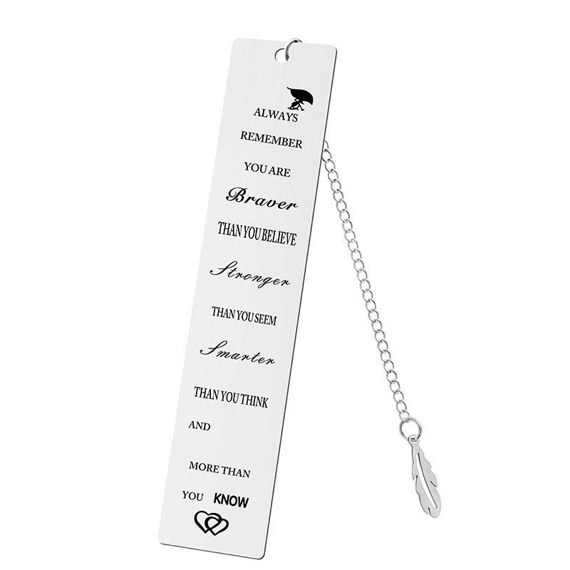 Inspirational Feather Bookmark - Stainless Steel with Motivational Quote