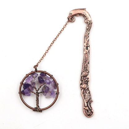 Crystal Dolphin Bookmark - Natural Gemstone Tree of Life Copper Page Marker