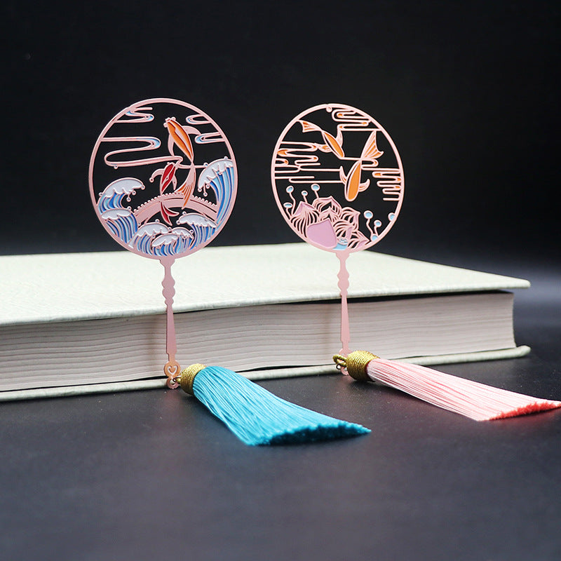 Metal Tassel Bookmark - Chinese Style Koi Peacock Fan Pendant Chain