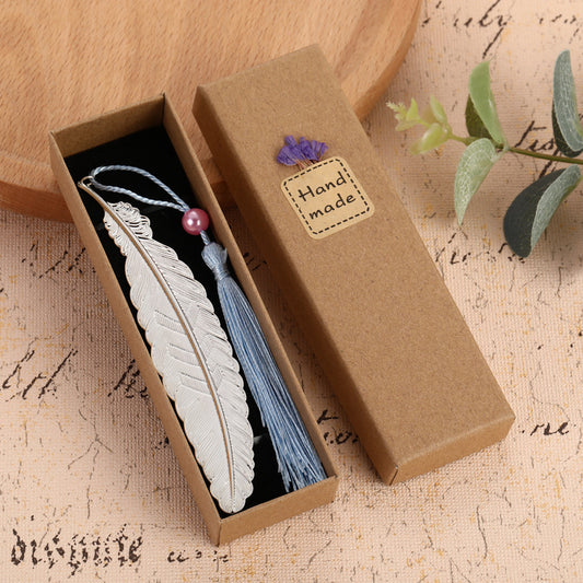 Chinese Feather Tassel Bookmark - Antique Metal Page Marker with Silk