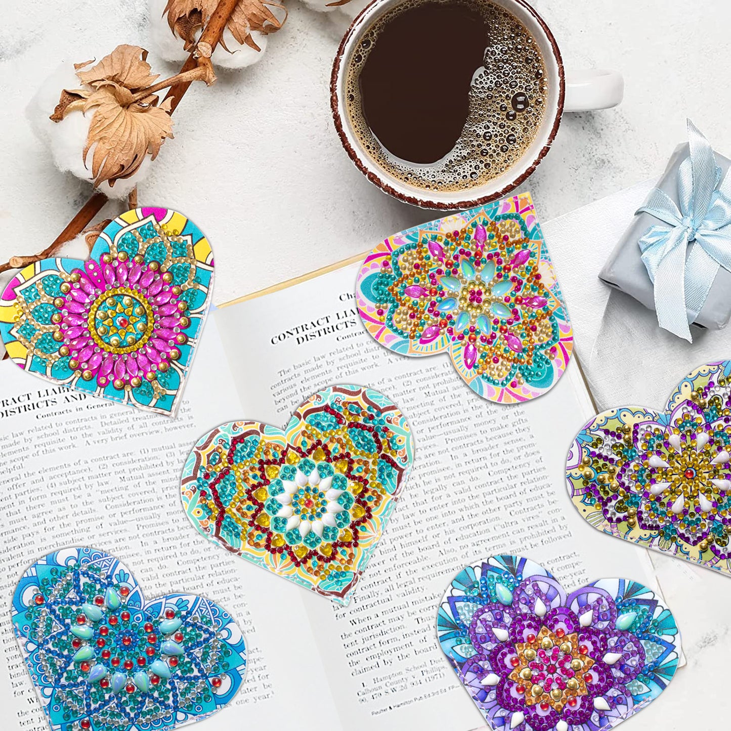 Leather Bookmark with Crystal Flowers - 6 Piece Set for Book Lovers
