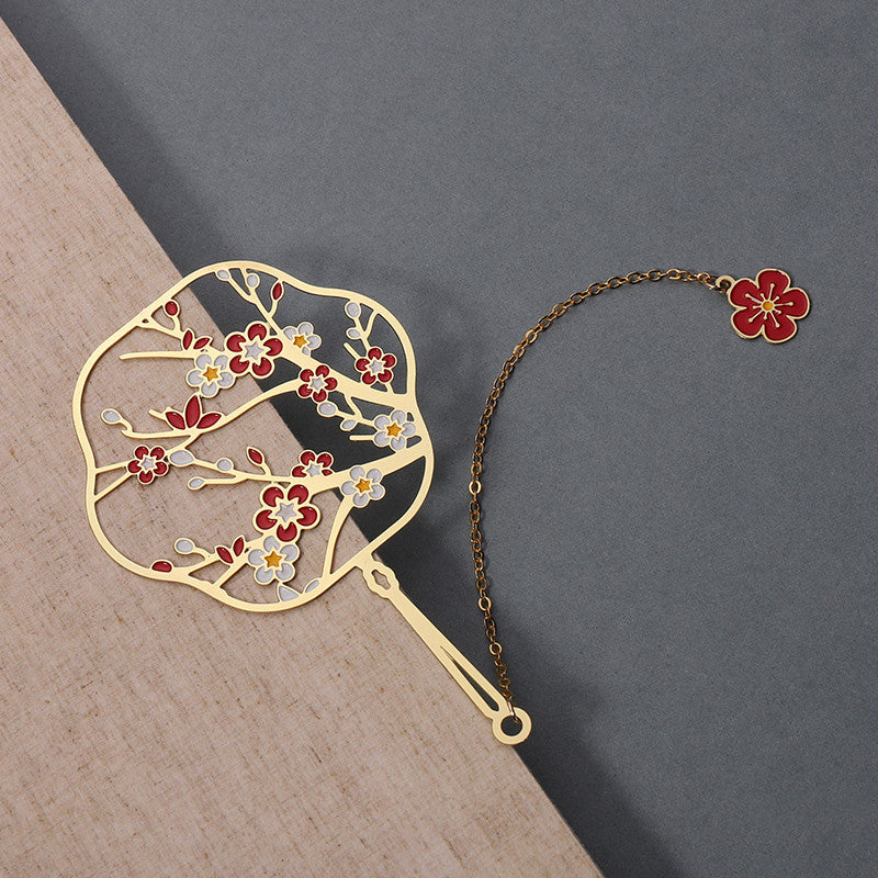 Chinese Fan Bookmark - Hollow Metal Page Marker with Butterfly Pendant