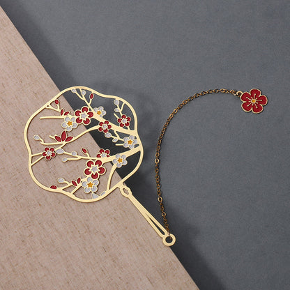 Chinese Fan Bookmark - Hollow Metal Page Marker with Butterfly Pendant