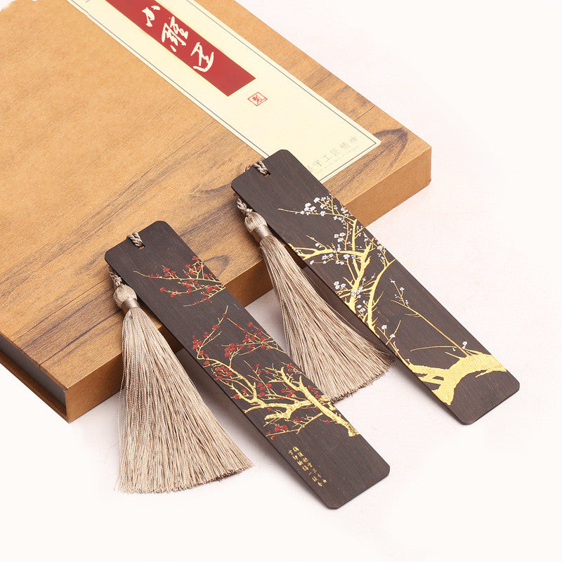 Wooden Tassel Bookmark Set - Laser-Engraved Chinese Landscape (2-Piece)
