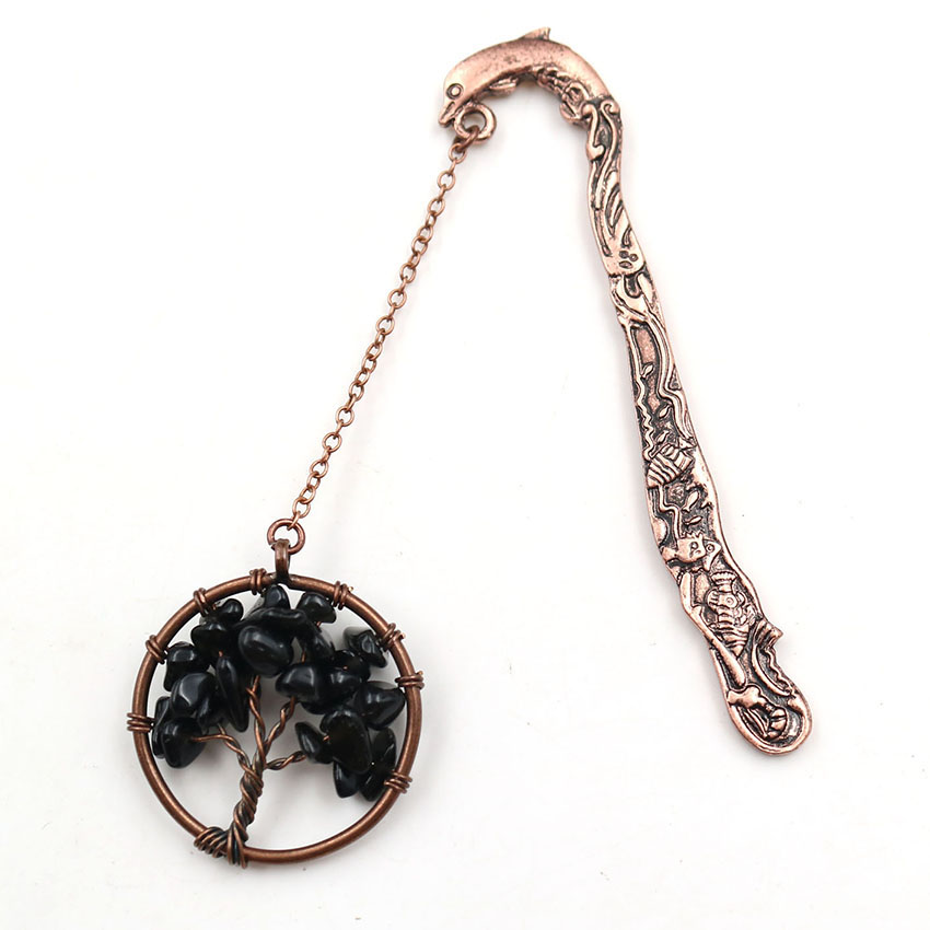 Crystal Dolphin Bookmark - Natural Gemstone Tree of Life Copper Page Marker