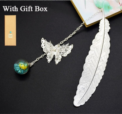 Feather Butterfly Bookmark - Brass Metal Page Marker with Chain