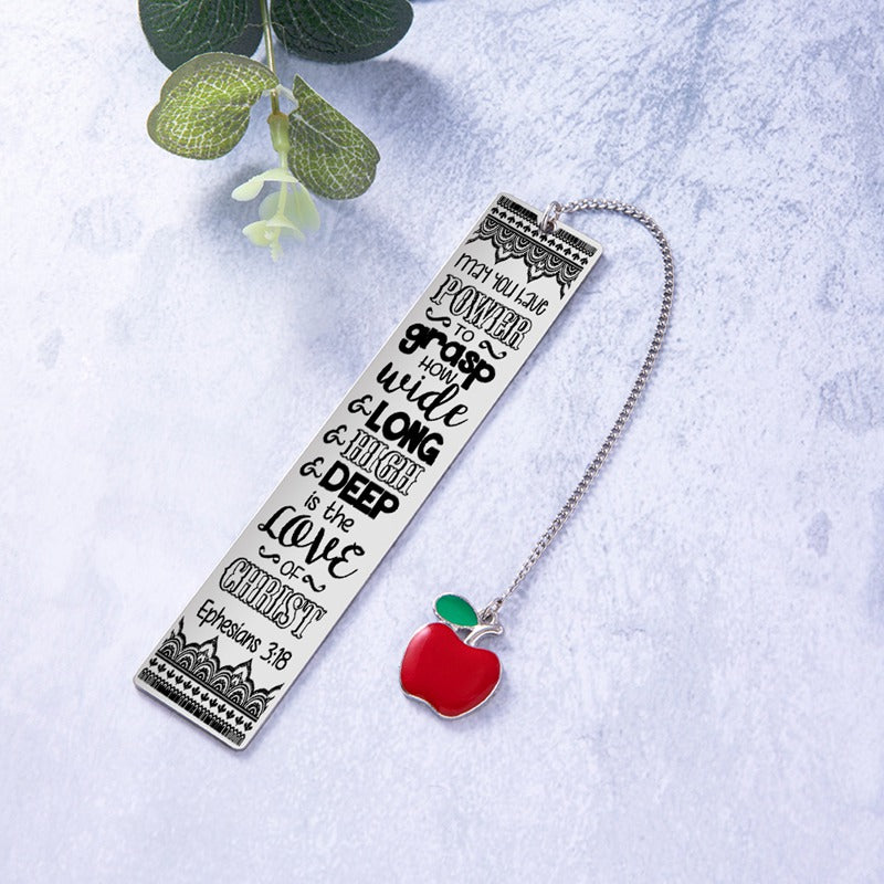 Bible Verse Bookmark - Stainless Steel with Red Apple Teacher Gift