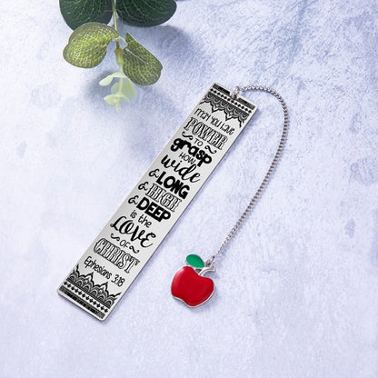 Bible Verse Bookmark - Stainless Steel with Red Apple Teacher Gift