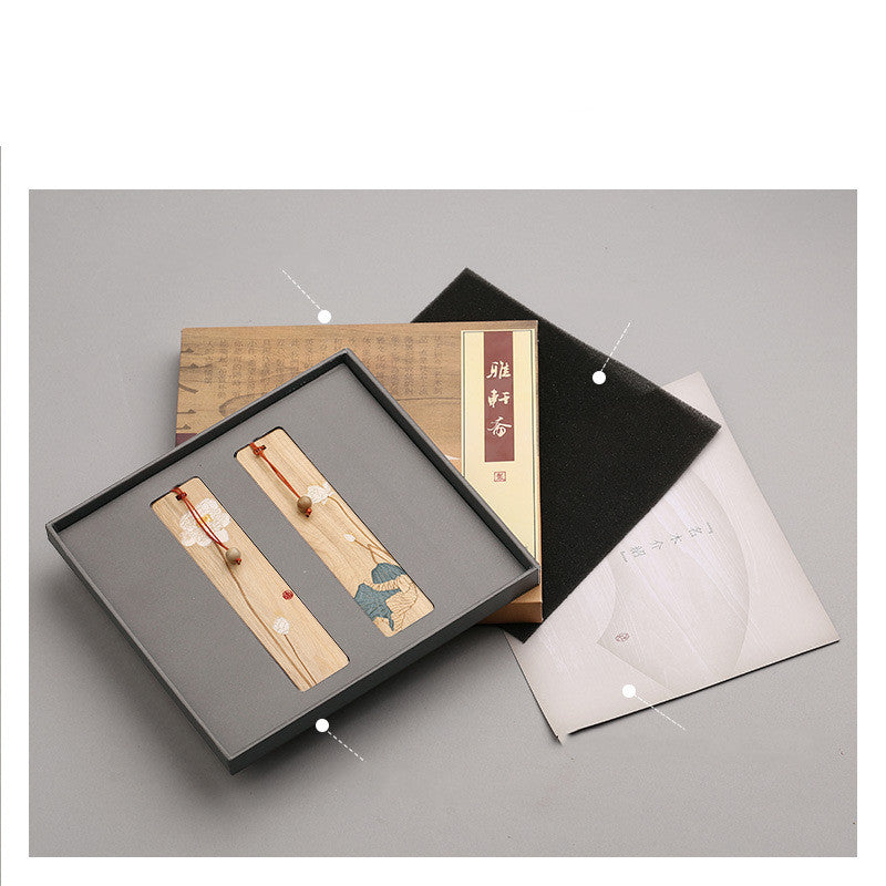 Mahogany Hibiscus Bookmark Set - Wooden Tassel Classical Chinese Gift