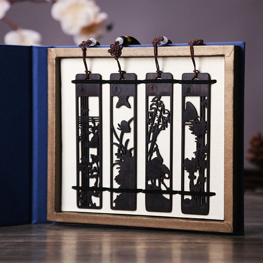 Four Gentlemen Wooden Bookmark - Hollow Carved Mahogany Page Marker
