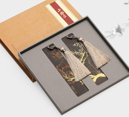 Wooden Tassel Bookmark Set - Laser-Engraved Chinese Landscape (2-Piece)