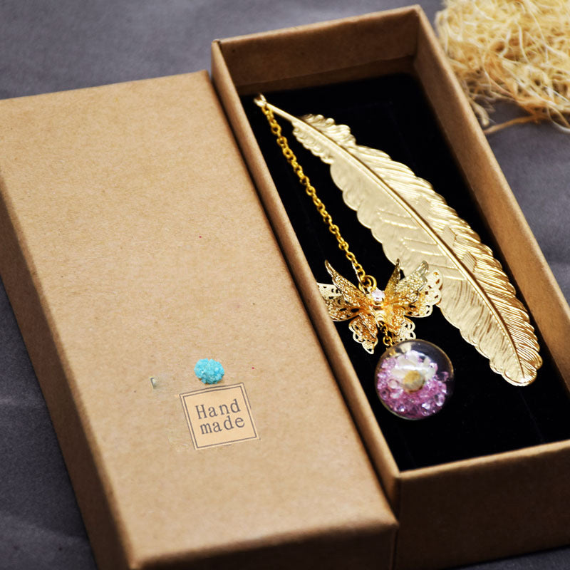 Feather Butterfly Bookmark - Brass Metal Page Marker with Chain