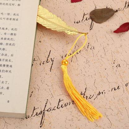 Chinese Feather Tassel Bookmark - Antique Metal Page Marker with Silk