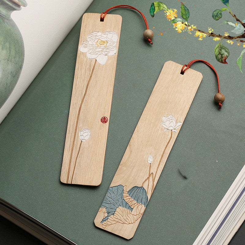 Mahogany Hibiscus Bookmark Set - Wooden Tassel Classical Chinese Gift