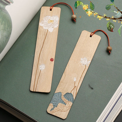 Mahogany Hibiscus Bookmark Set - Wooden Tassel Classical Chinese Gift