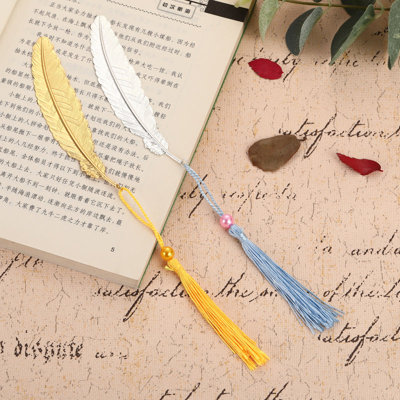 Chinese Feather Tassel Bookmark - Antique Metal Page Marker with Silk