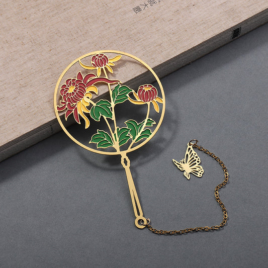 Chinese Fan Bookmark - Hollow Metal Page Marker with Butterfly Pendant