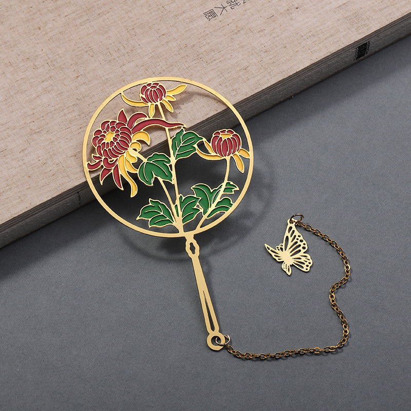 Chinese Fan Bookmark - Hollow Metal Page Marker with Butterfly Pendant