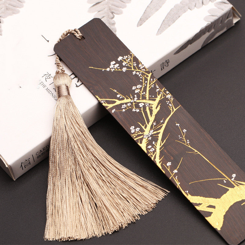 Wooden Tassel Bookmark Set - Laser-Engraved Chinese Landscape (2-Piece)