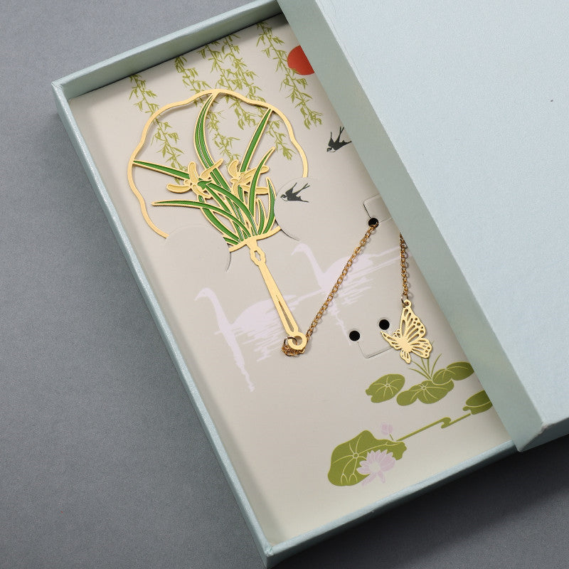 Chinese Fan Bookmark - Hollow Metal Page Marker with Butterfly Pendant