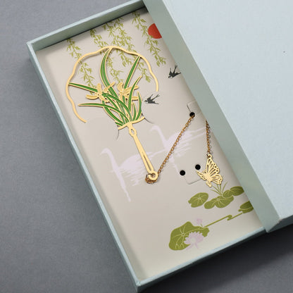 Chinese Fan Bookmark - Hollow Metal Page Marker with Butterfly Pendant