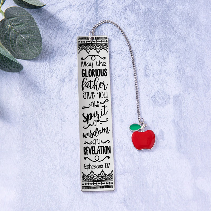 Bible Verse Bookmark - Stainless Steel with Red Apple Teacher Gift