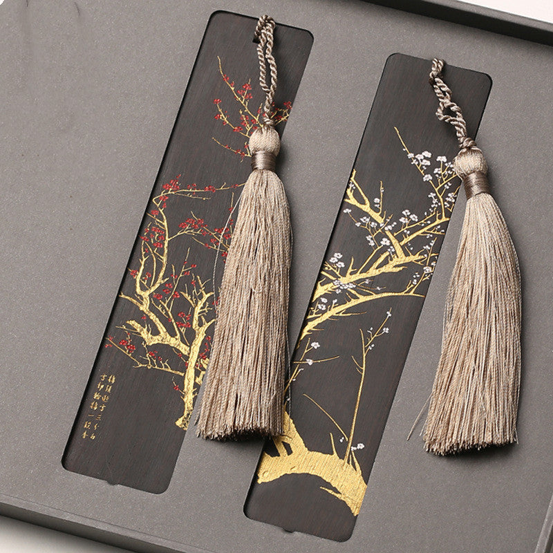 Wooden Tassel Bookmark Set - Laser-Engraved Chinese Landscape (2-Piece)