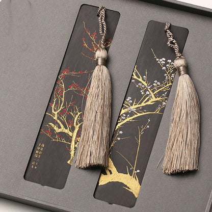 Wooden Tassel Bookmark Set - Laser-Engraved Chinese Landscape (2-Piece)