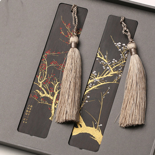 Wooden Tassel Bookmark Set - Laser-Engraved Chinese Landscape (2-Piece)