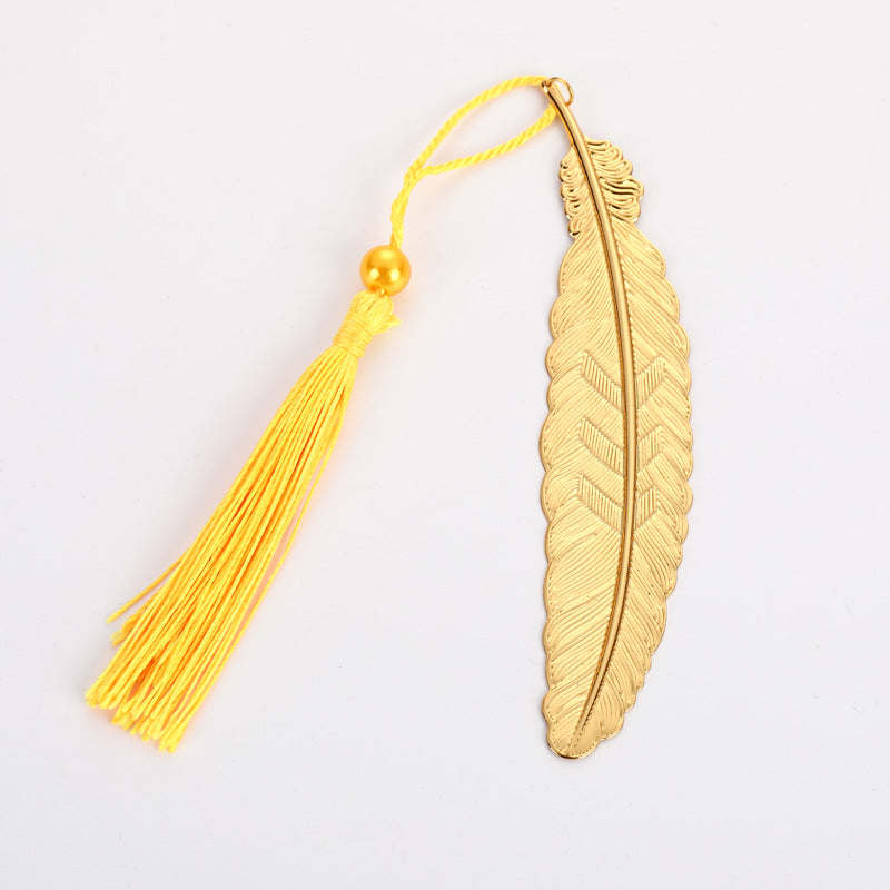Chinese Feather Tassel Bookmark - Antique Metal Page Marker with Silk