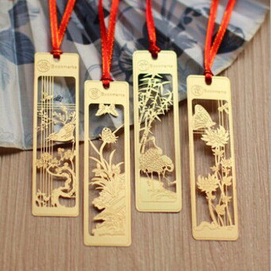 Metal Hollow Bookmark - 18K Gold Plated Four Gentlemen Chinese Art Design