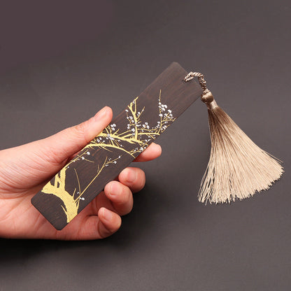 Wooden Tassel Bookmark Set - Laser-Engraved Chinese Landscape (2-Piece)